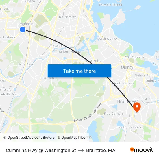 Cummins Hwy @ Washington St to Braintree, MA map