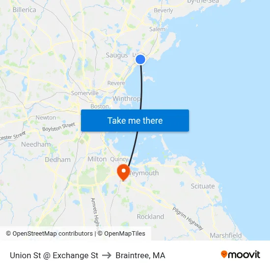 Union St @ Exchange St to Braintree, MA map
