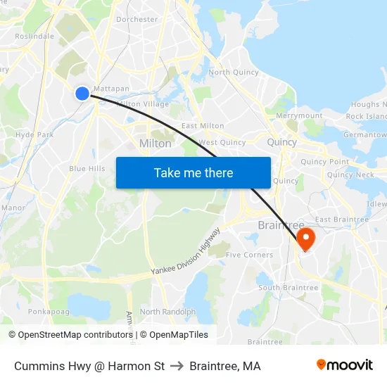 Cummins Hwy @ Harmon St to Braintree, MA map
