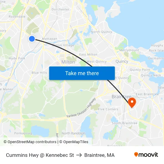 Cummins Hwy @ Kennebec St to Braintree, MA map