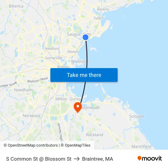 S Common St @ Blossom St to Braintree, MA map