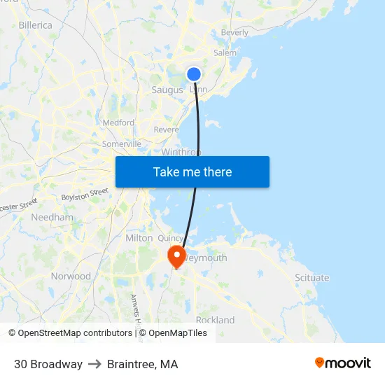 30 Broadway to Braintree, MA map