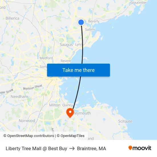 Liberty Tree Mall @ Best Buy to Braintree, MA map
