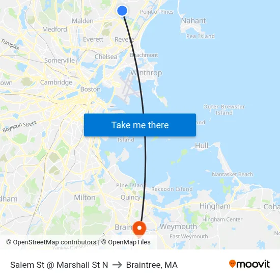 Salem St @ Marshall St N to Braintree, MA map