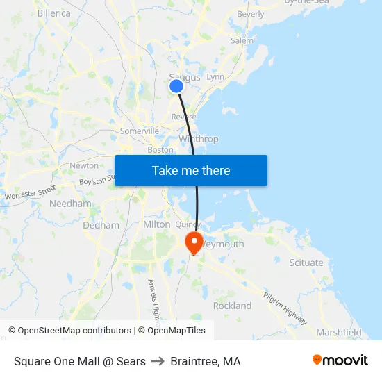 Square One Mall @ Sears to Braintree, MA map