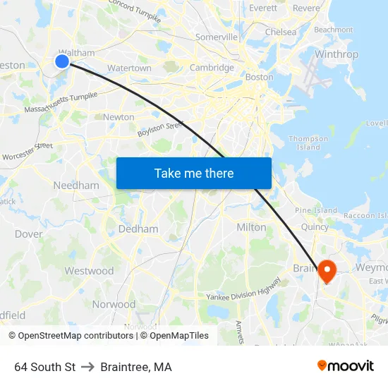 64 South St to Braintree, MA map