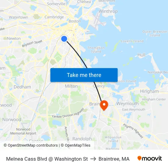 Melnea Cass Blvd @ Washington St to Braintree, MA map