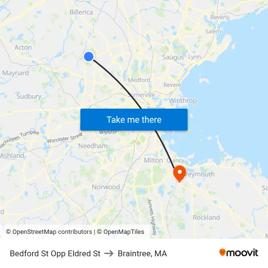 Bedford St Opp Eldred St to Braintree, MA map