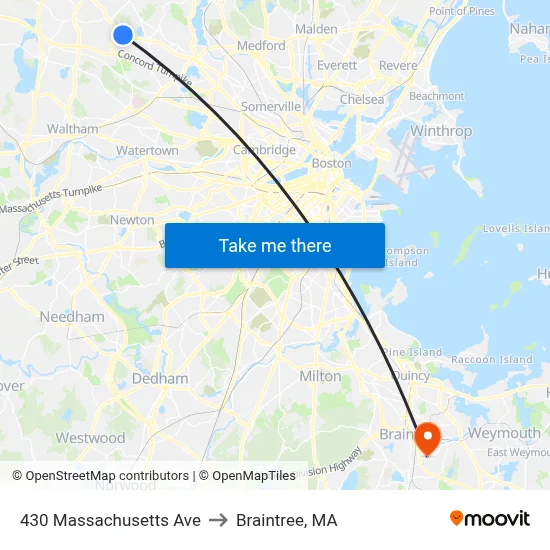 430 Massachusetts Ave to Braintree, MA map