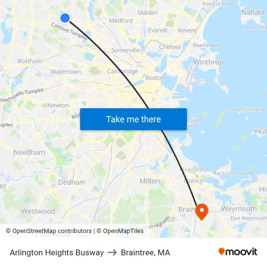 Arlington Heights Busway to Braintree, MA map