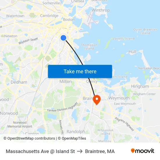 Massachusetts Ave @ Island St to Braintree, MA map