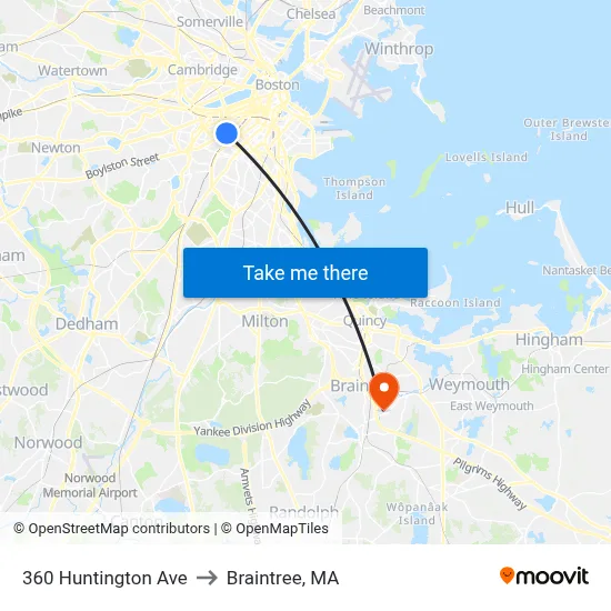 360 Huntington Ave to Braintree, MA map