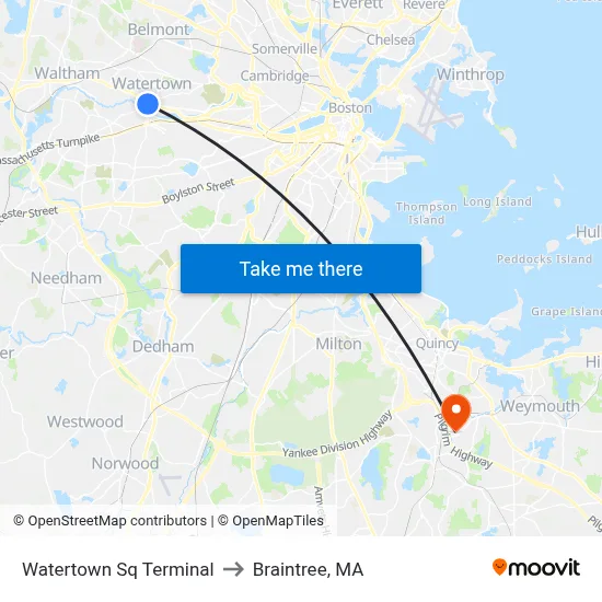Watertown Sq Terminal to Braintree, MA map