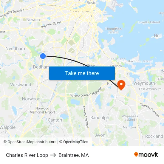 Charles River Loop to Braintree, MA map