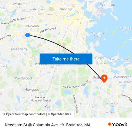 Needham St @ Columbia Ave to Braintree, MA map