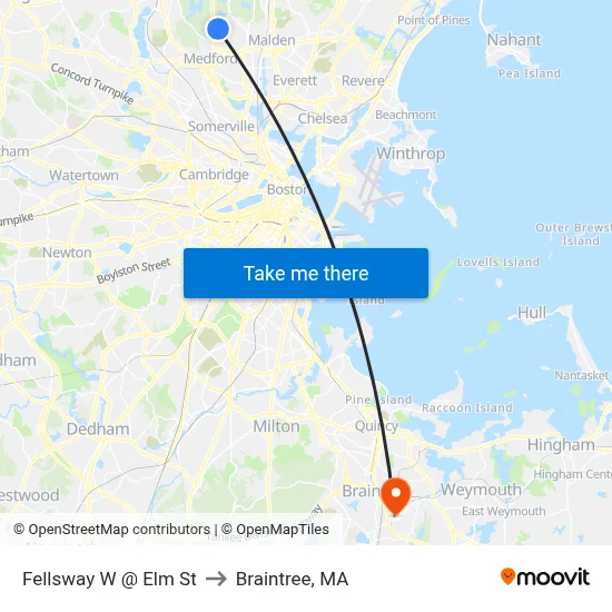 Fellsway W @ Elm St to Braintree, MA map