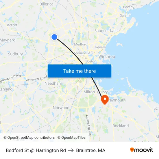 Bedford St @ Harrington Rd to Braintree, MA map