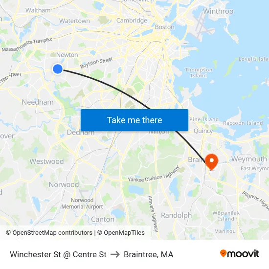 Winchester St @ Centre St to Braintree, MA map