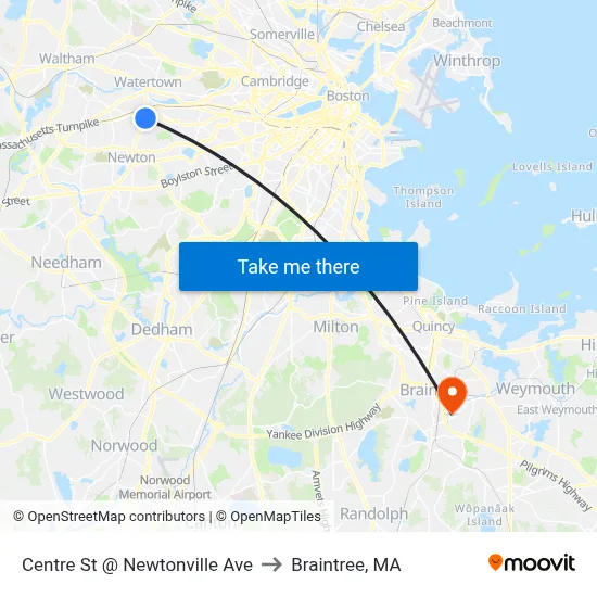 Centre St @ Newtonville Ave to Braintree, MA map