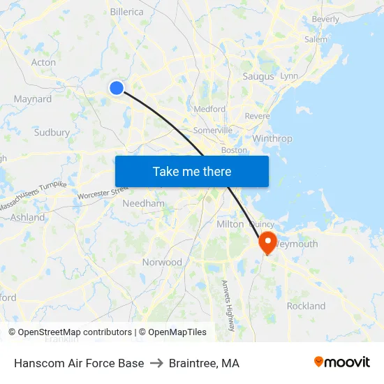 Hanscom Air Force Base to Braintree, MA map