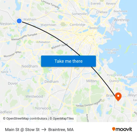 Main St @ Stow St to Braintree, MA map