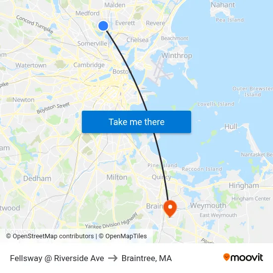 Fellsway @ Riverside Ave to Braintree, MA map