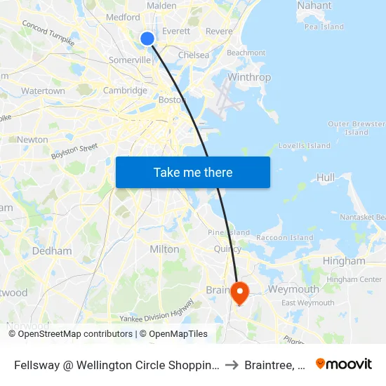 Fellsway @ Wellington Circle Shopping Ctr to Braintree, MA map