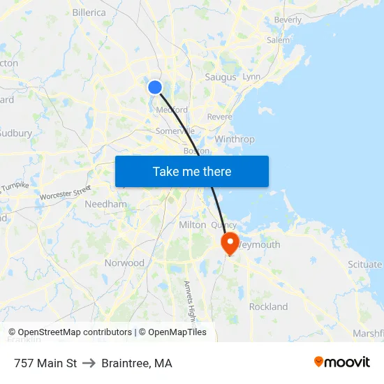 757 Main St to Braintree, MA map