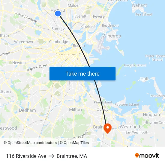 116 Riverside Ave to Braintree, MA map