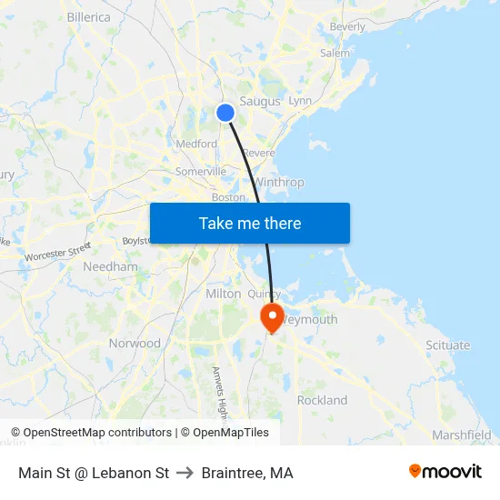 Main St @ Lebanon St to Braintree, MA map
