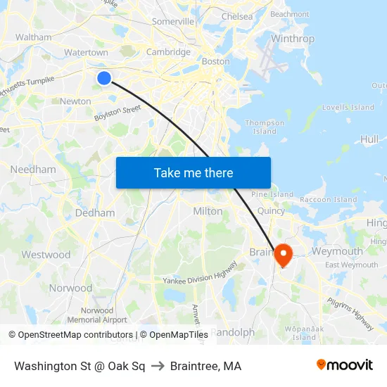 Washington St @ Oak Sq to Braintree, MA map
