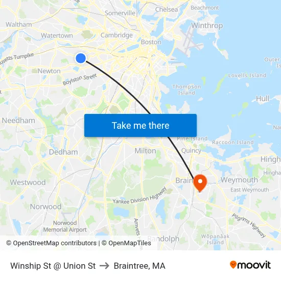 Winship St @ Union St to Braintree, MA map