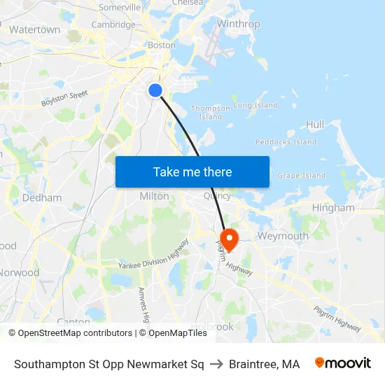 Southampton St Opp Newmarket Sq to Braintree, MA map