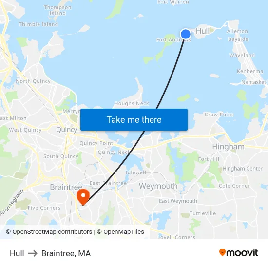 Hull to Braintree, MA map