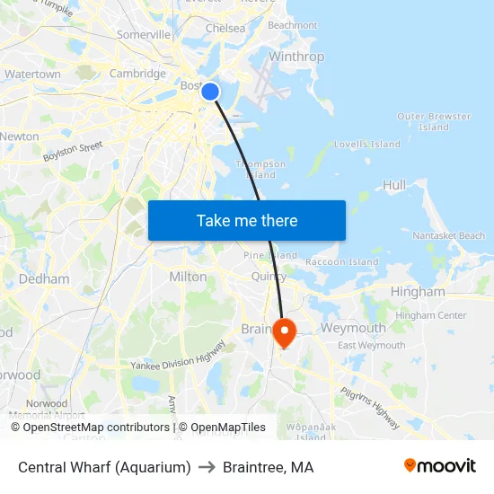 Central Wharf (Aquarium) to Braintree, MA map
