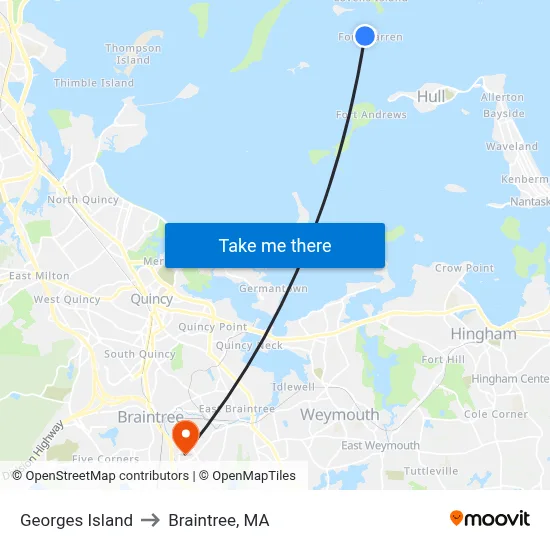 Georges Island to Braintree, MA map