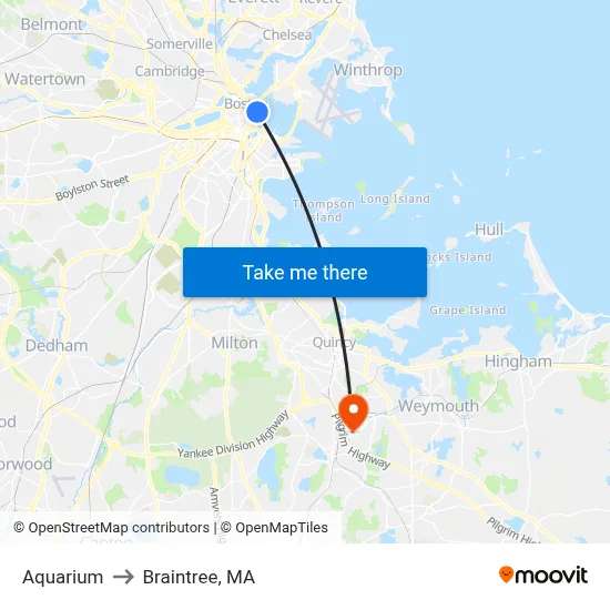 Aquarium to Braintree, MA map