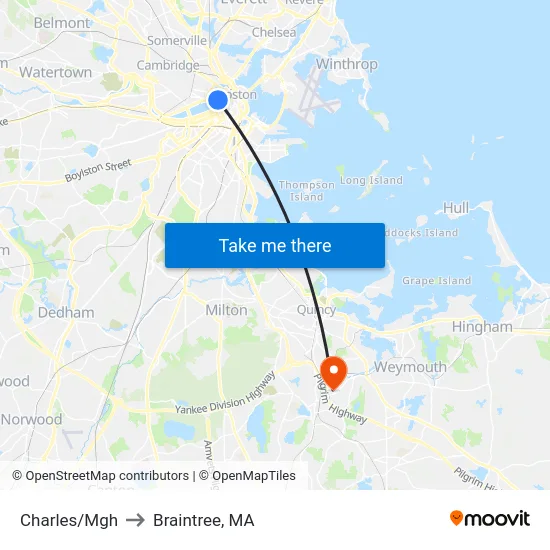 Charles/Mgh to Braintree, MA map