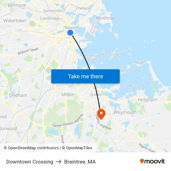 Downtown Crossing to Braintree, MA map
