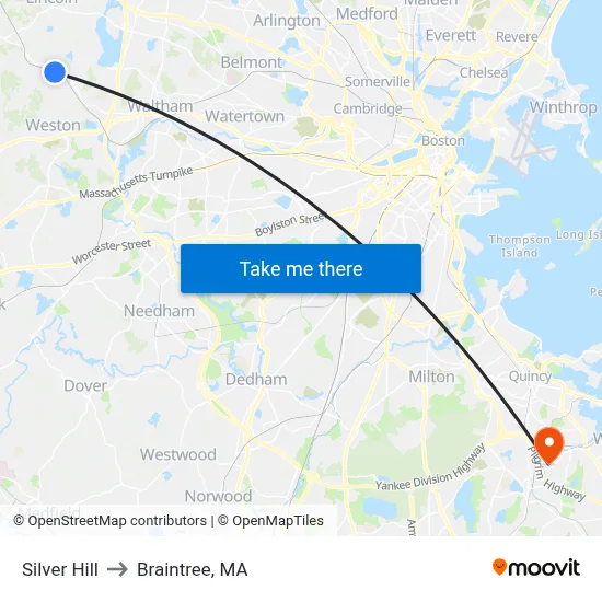 Silver Hill to Braintree, MA map