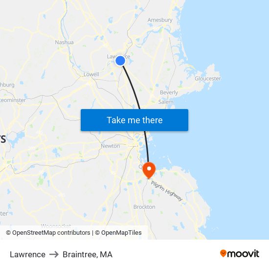 Lawrence to Braintree, MA map