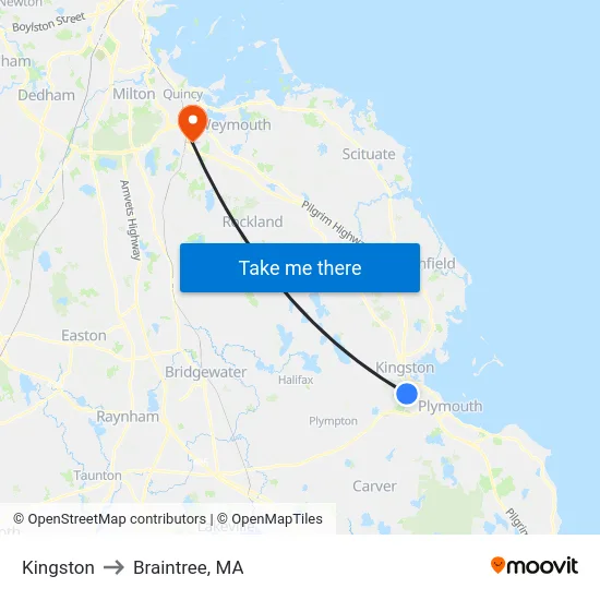Kingston to Braintree, MA map