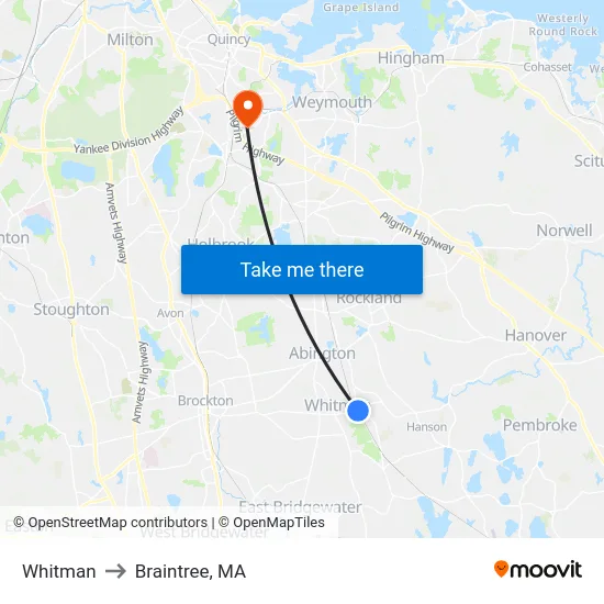 Whitman to Braintree, MA map