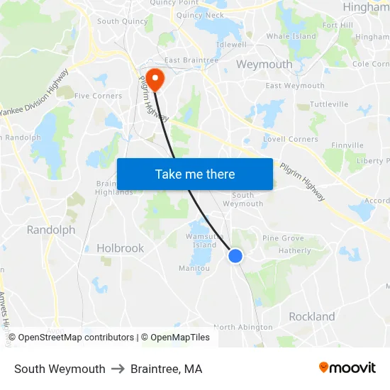 South Weymouth to Braintree, MA map