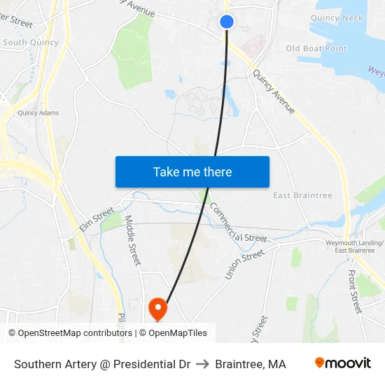 Southern Artery @ Presidential Dr to Braintree, MA map