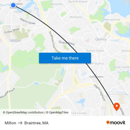 Milton to Braintree, MA map