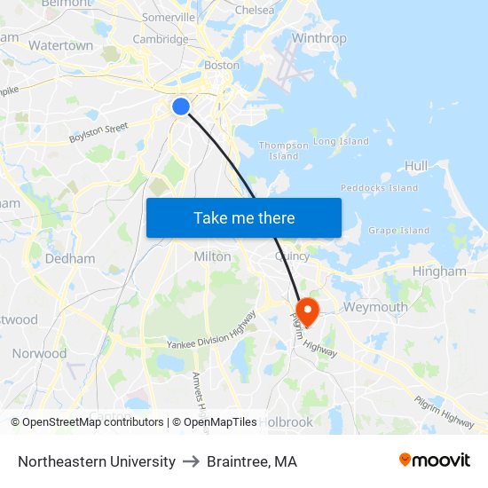 Northeastern University to Braintree, MA map