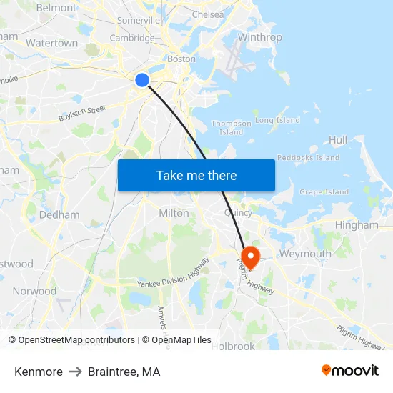 Kenmore to Braintree, MA map