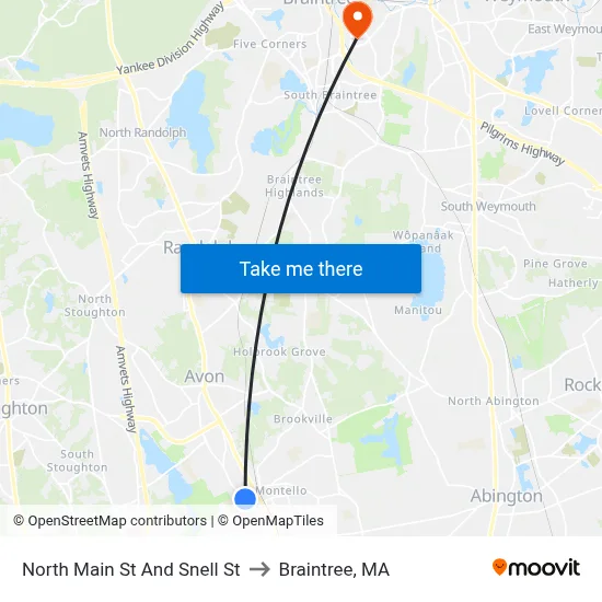 North Main St And Snell St to Braintree, MA map