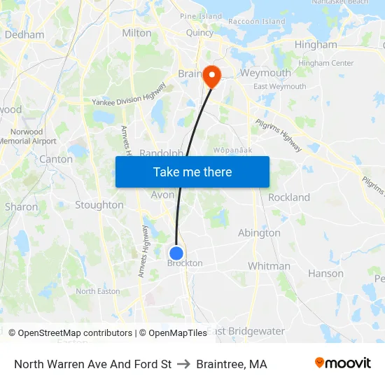 North Warren Ave And Ford St to Braintree, MA map